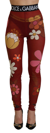 Dolce & Gabbana Red Floral Leggings Stretch Waist Pants -   -  Dolce & Gabbana.